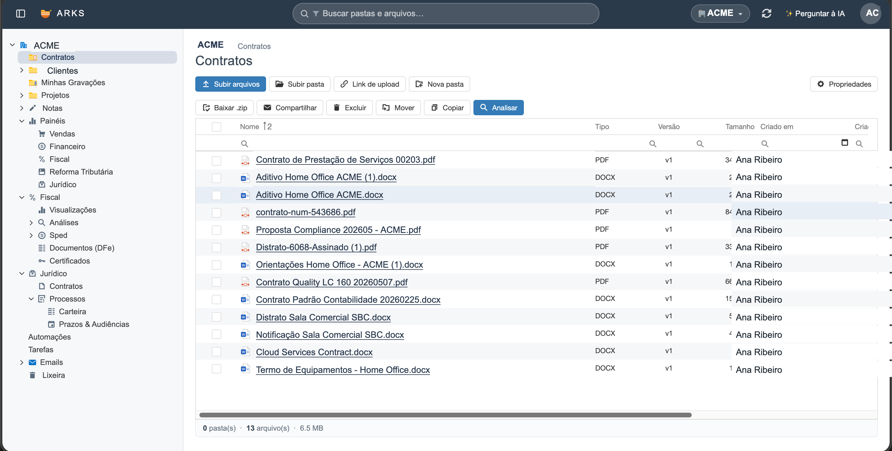 Arquivos na arks com botão Analisar e Perguntar à IA