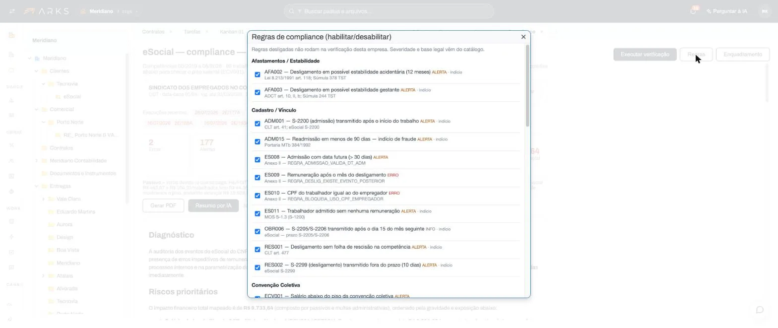 Catálogo de regras de compliance do eSocial no ARKS, com severidade e base legal de cada uma